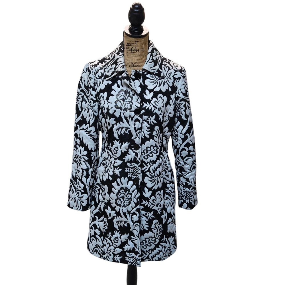 Vtg Harold's Dept Store Midi Trench Style Dress Coat Bold Black & White Floral